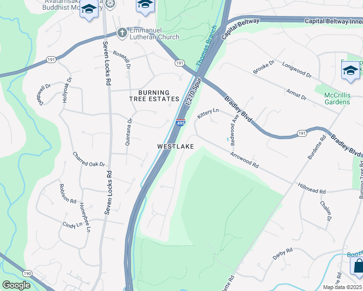 map of restaurants, bars, coffee shops, grocery stores, and more near 7411 Arrowood Road in Bethesda