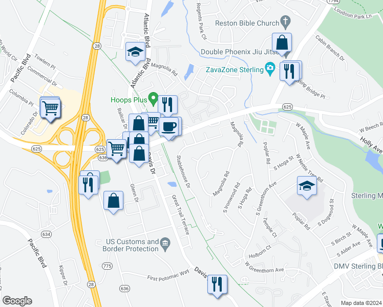 map of restaurants, bars, coffee shops, grocery stores, and more near 203 Nutmeg Ct in Sterling