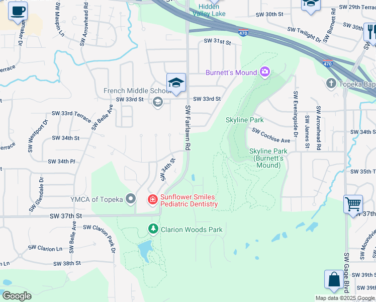 map of restaurants, bars, coffee shops, grocery stores, and more near SW Fairlawn Rd & SW 34th St in Topeka