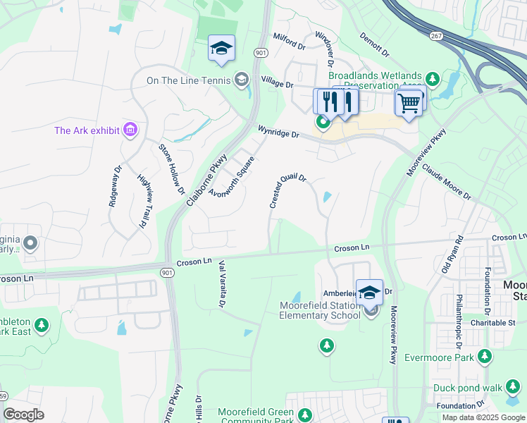 map of restaurants, bars, coffee shops, grocery stores, and more near 22033 Crested Quail Drive in Ashburn