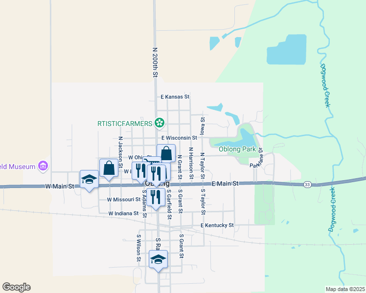 map of restaurants, bars, coffee shops, grocery stores, and more near 300-398 North Harrison Street in Oblong