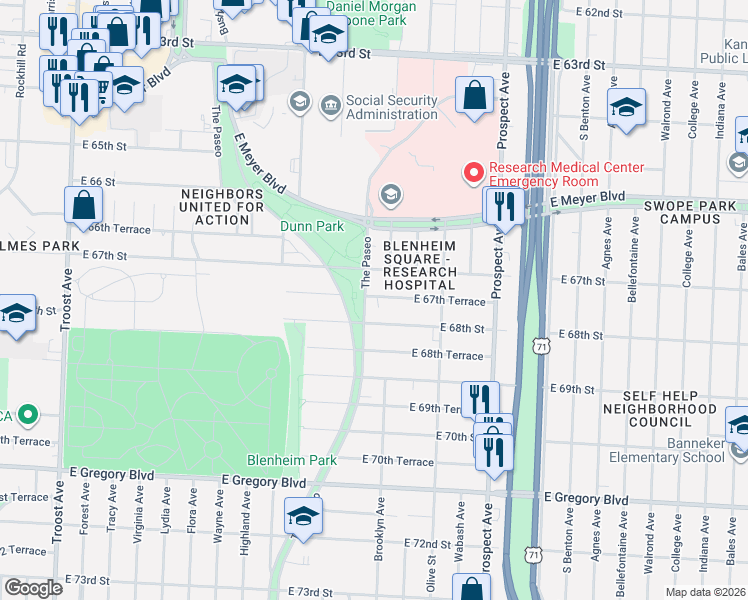 map of restaurants, bars, coffee shops, grocery stores, and more near 2115 East 67th Terrace in Kansas City