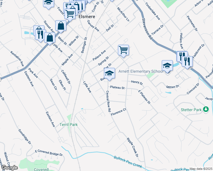 map of restaurants, bars, coffee shops, grocery stores, and more near 1014 Central Row Road in Elsmere