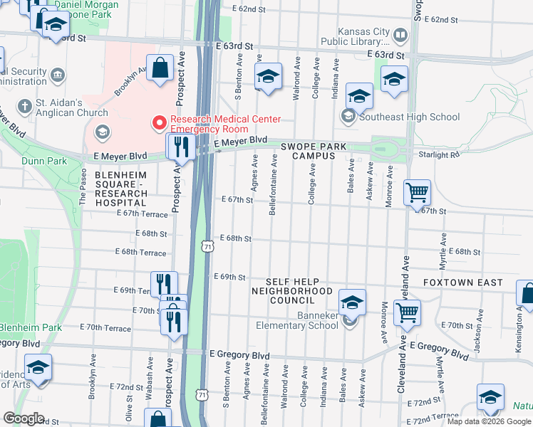 map of restaurants, bars, coffee shops, grocery stores, and more near 6714 Bellefontaine Avenue in Kansas City