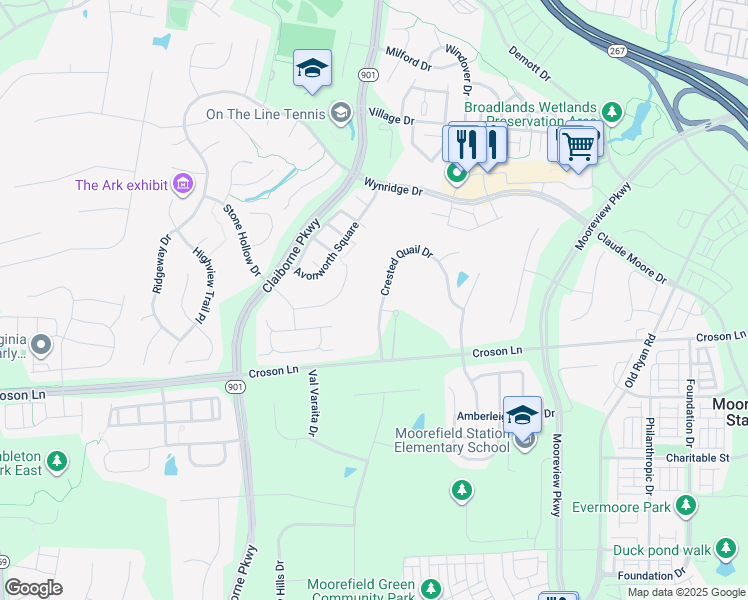 map of restaurants, bars, coffee shops, grocery stores, and more near 22033 Crested Quail Drive in Ashburn