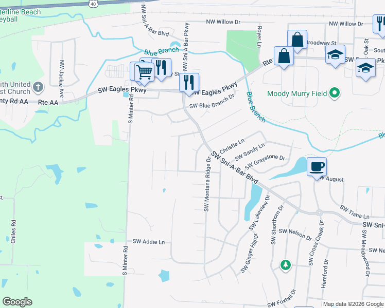 map of restaurants, bars, coffee shops, grocery stores, and more near 1221 Duster Court in Grain Valley
