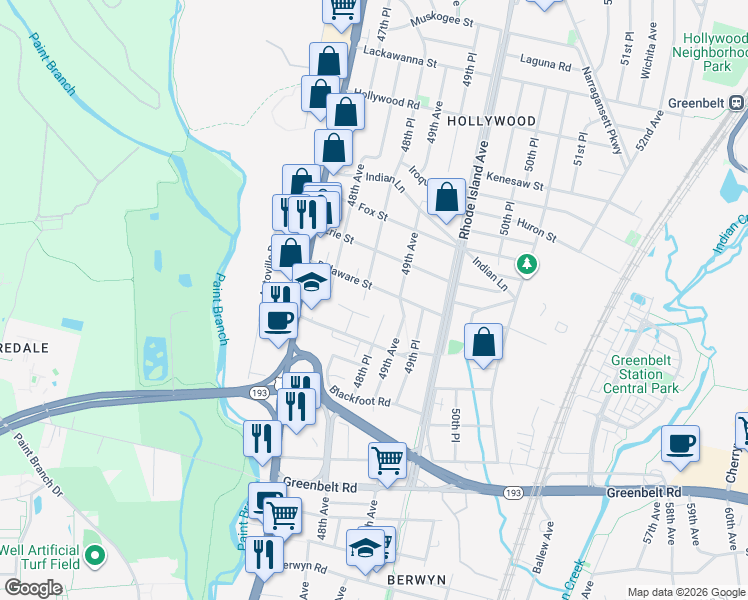 map of restaurants, bars, coffee shops, grocery stores, and more near 9118 48th Place in College Park