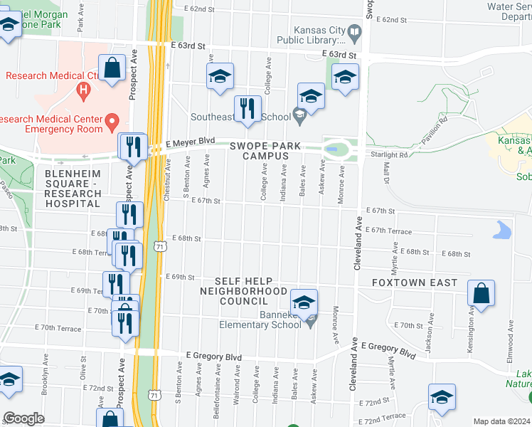 map of restaurants, bars, coffee shops, grocery stores, and more near 6713 College Avenue in Kansas City