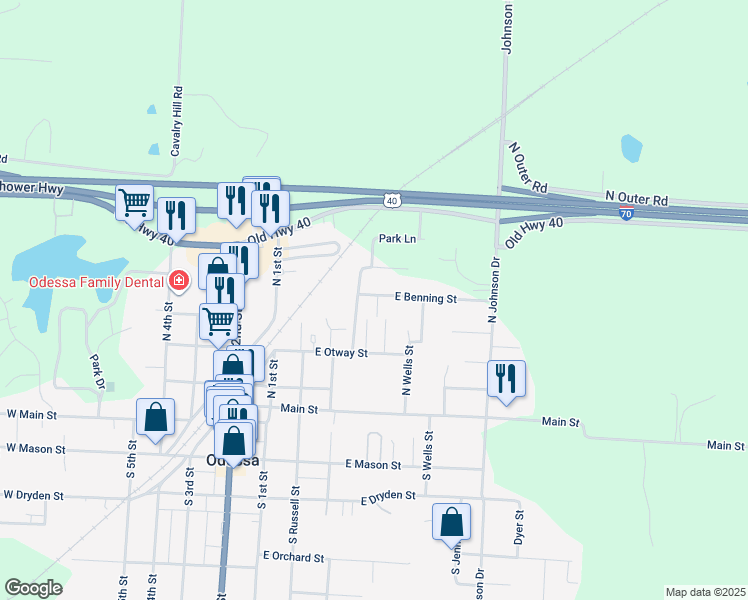 map of restaurants, bars, coffee shops, grocery stores, and more near 301A East Benning Street in Odessa