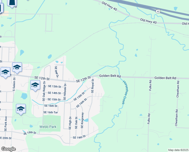 map of restaurants, bars, coffee shops, grocery stores, and more near 1200 Southeast Royal Street in Oak Grove