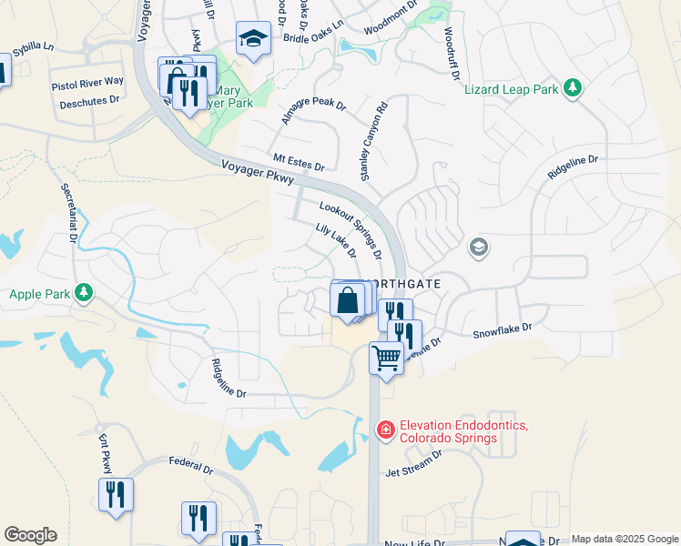 map of restaurants, bars, coffee shops, grocery stores, and more near 11925 Hanging Valley Way in Colorado Springs