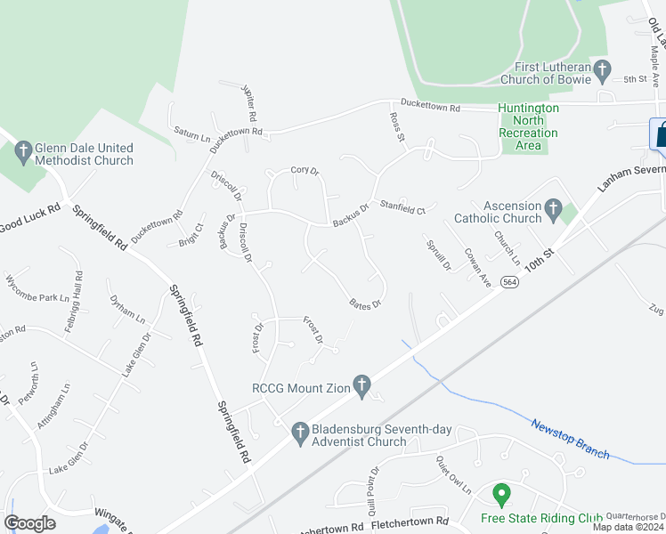 map of restaurants, bars, coffee shops, grocery stores, and more near 8406 Bates Drive in Bowie