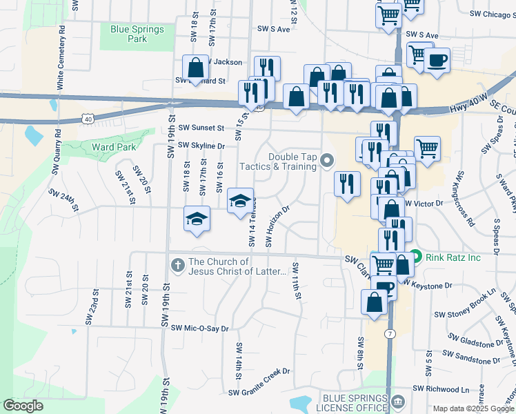 map of restaurants, bars, coffee shops, grocery stores, and more near 1204 Southwest 14th Terrace in Blue Springs