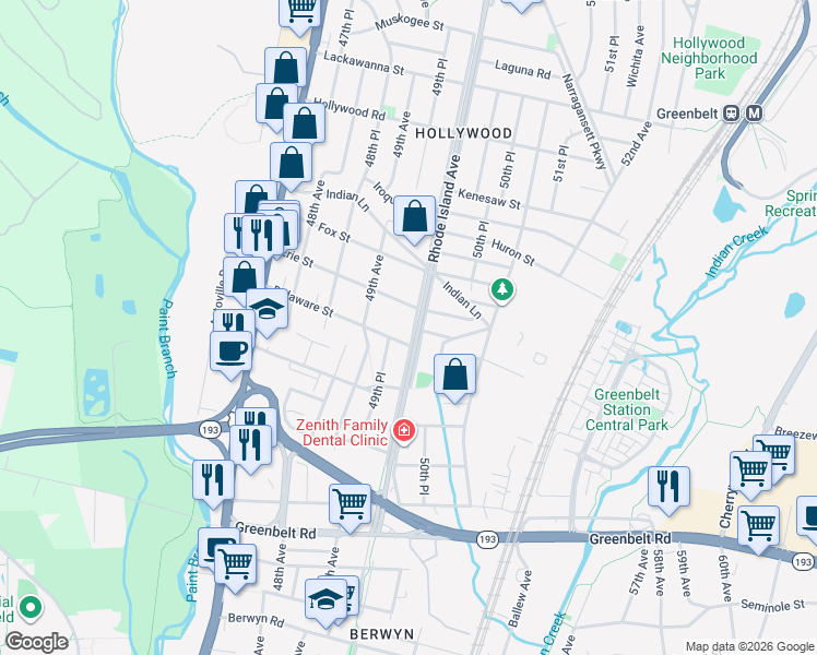 map of restaurants, bars, coffee shops, grocery stores, and more near 9206 Rhode Island Avenue in College Park