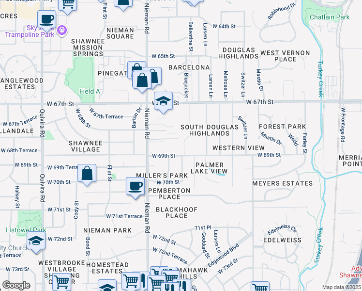 map of restaurants, bars, coffee shops, grocery stores, and more near 6826 Bluejacket Street in Shawnee