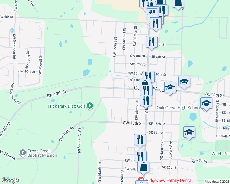 map of restaurants, bars, coffee shops, grocery stores, and more near 313 Southwest 12th Street in Oak Grove