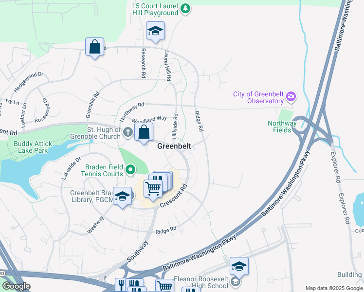 map of restaurants, bars, coffee shops, grocery stores, and more near 1a Eastway in Greenbelt
