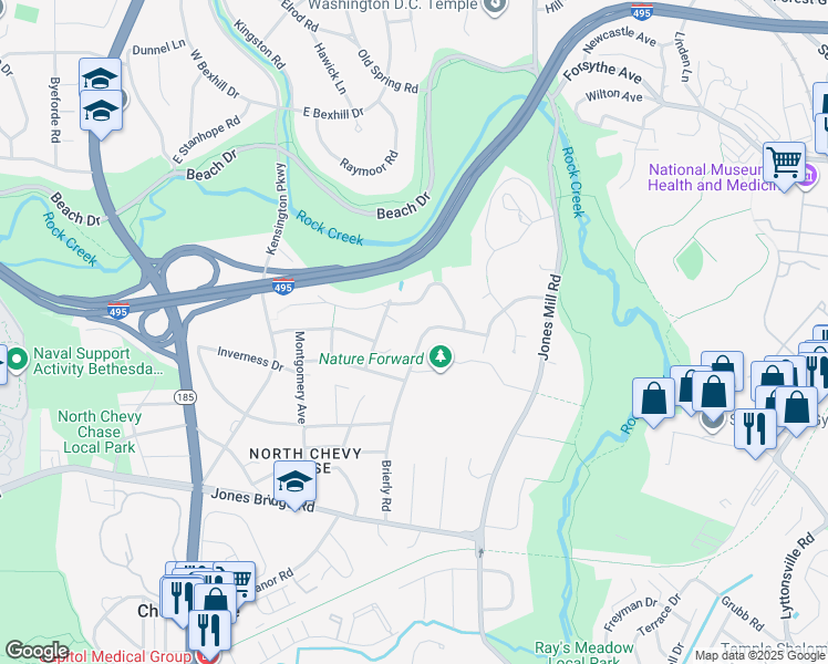 map of restaurants, bars, coffee shops, grocery stores, and more near 9018 Brierly Road in Chevy Chase