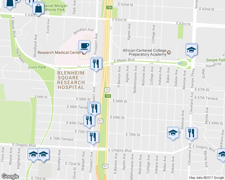 map of restaurants, bars, coffee shops, grocery stores, and more near 6715 Chestnut Avenue in Kansas City