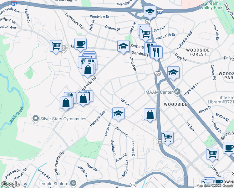 map of restaurants, bars, coffee shops, grocery stores, and more near 9015 3rd Avenue in Silver Spring