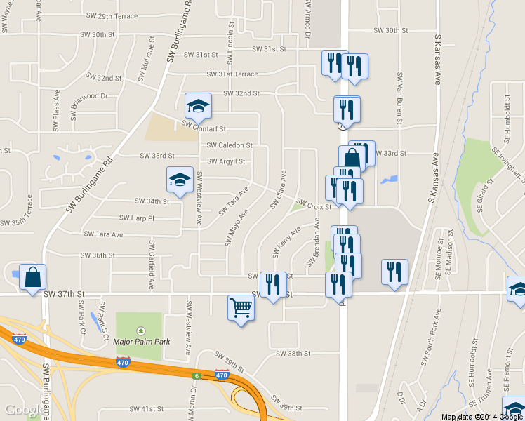 map of restaurants, bars, coffee shops, grocery stores, and more near 3477 Southwest Clare Avenue in Topeka