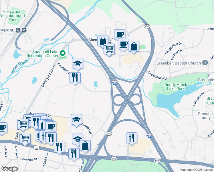 map of restaurants, bars, coffee shops, grocery stores, and more near 9200 Edmonston Road in Greenbelt