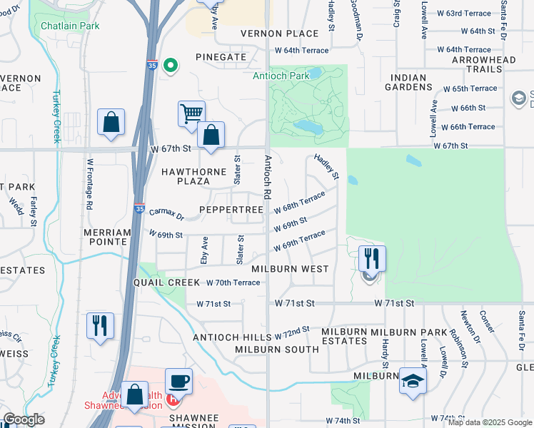 map of restaurants, bars, coffee shops, grocery stores, and more near 6818 Antioch Rd in Merriam