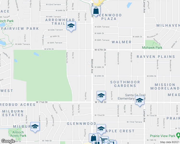 map of restaurants, bars, coffee shops, grocery stores, and more near 6832 Metcalf Avenue in Overland Park