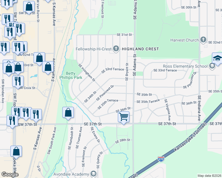 map of restaurants, bars, coffee shops, grocery stores, and more near 436 Southeast 35th Street in Topeka