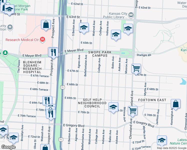 map of restaurants, bars, coffee shops, grocery stores, and more near 6709 Walrond Avenue in Kansas City
