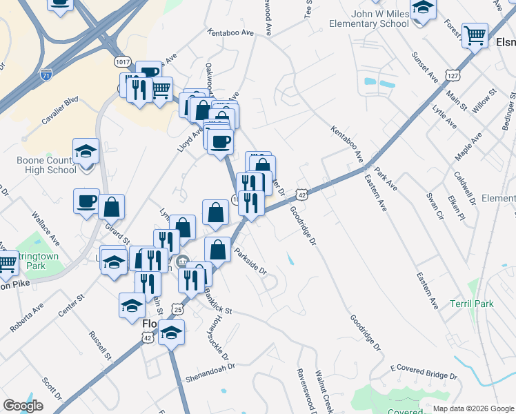 map of restaurants, bars, coffee shops, grocery stores, and more near 6724 Dixie Hwy in Florence