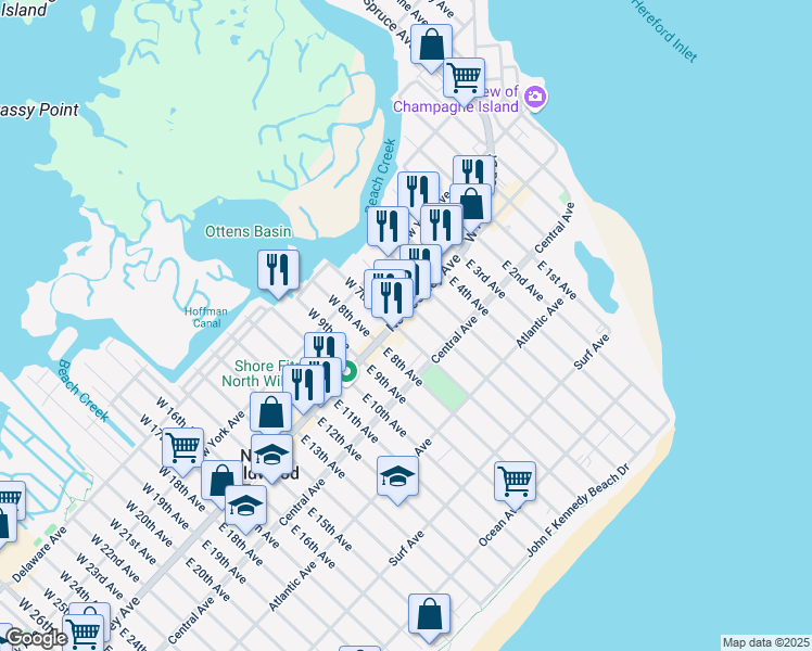 map of restaurants, bars, coffee shops, grocery stores, and more near 107 East 7th Avenue in North Wildwood