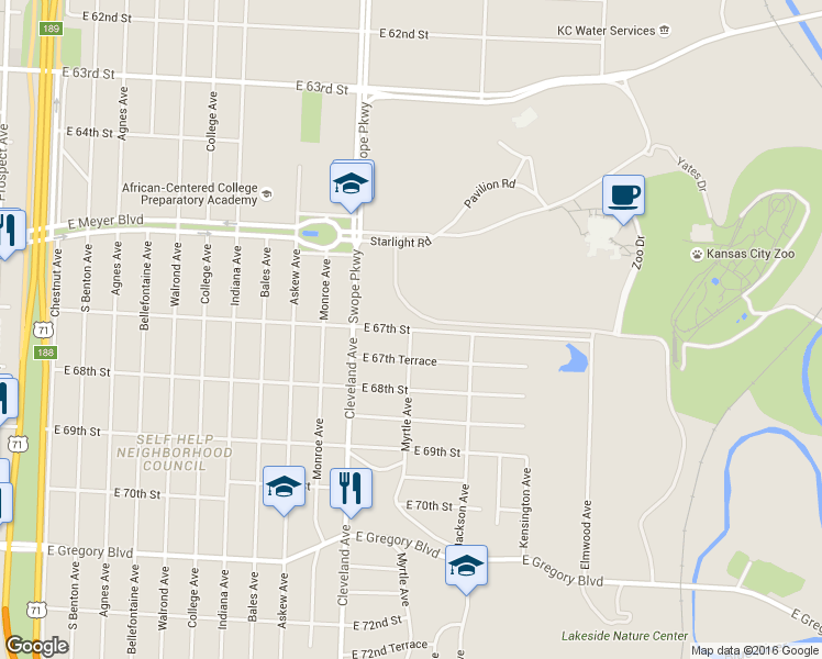 map of restaurants, bars, coffee shops, grocery stores, and more near E 67th St & Myrtle Ave in Kansas City