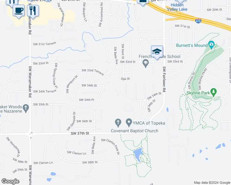 map of restaurants, bars, coffee shops, grocery stores, and more near 3401 Southwest Amarosa Circle in Topeka