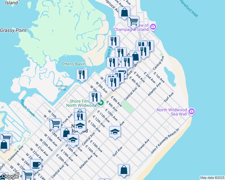 map of restaurants, bars, coffee shops, grocery stores, and more near 108 West 7th Avenue in North Wildwood