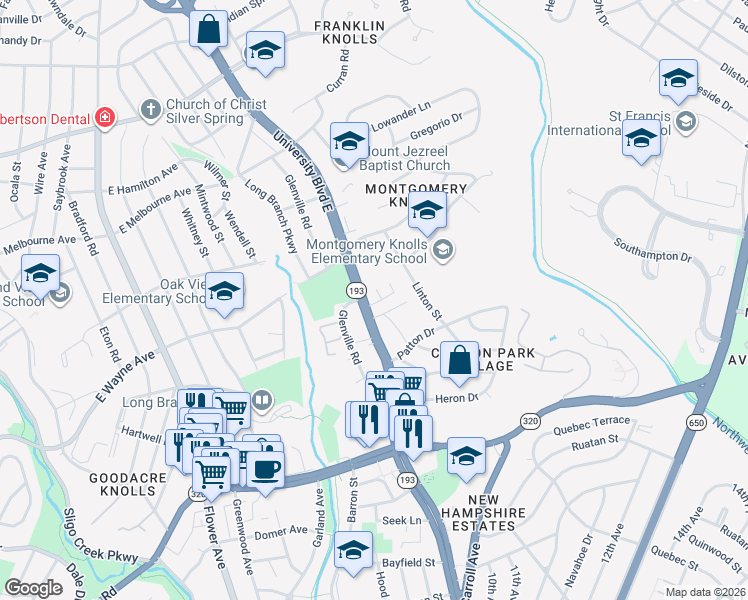 map of restaurants, bars, coffee shops, grocery stores, and more near 9100 September Lane in Silver Spring