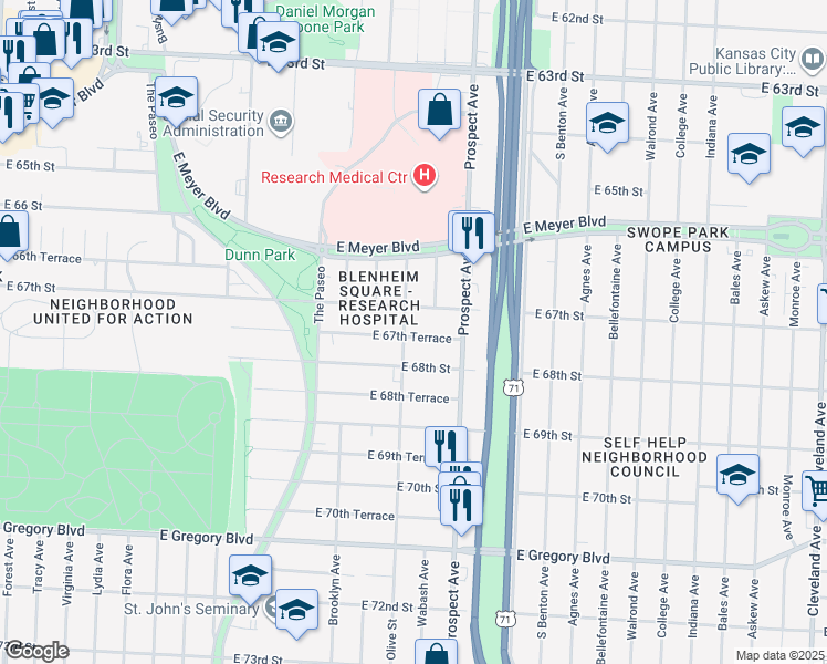 map of restaurants, bars, coffee shops, grocery stores, and more near 2404 East 67th Terrace in Kansas City