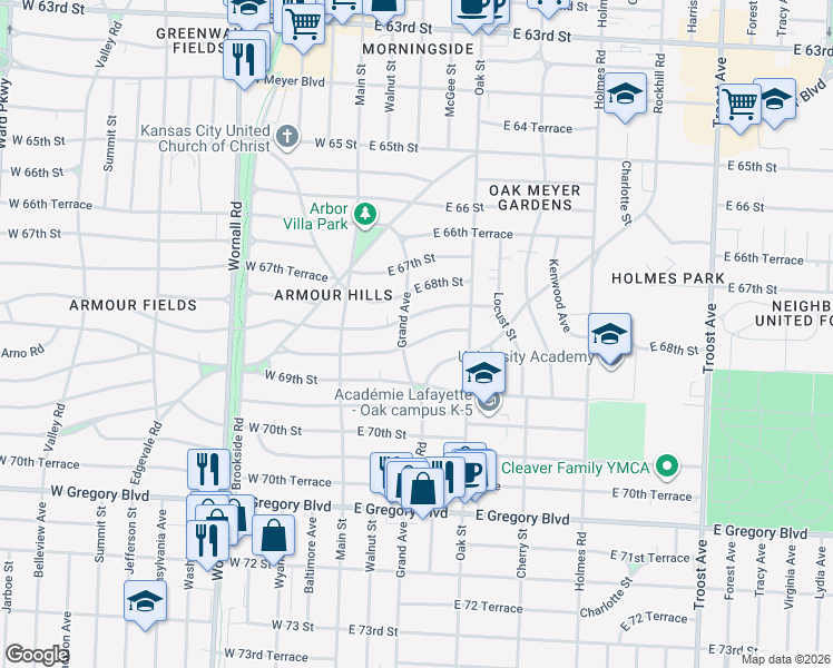 map of restaurants, bars, coffee shops, grocery stores, and more near 112 East Winthrope Road in Kansas City
