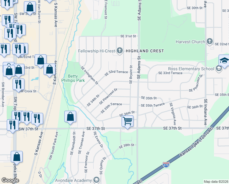 map of restaurants, bars, coffee shops, grocery stores, and more near 436 Southeast 35th Street in Topeka