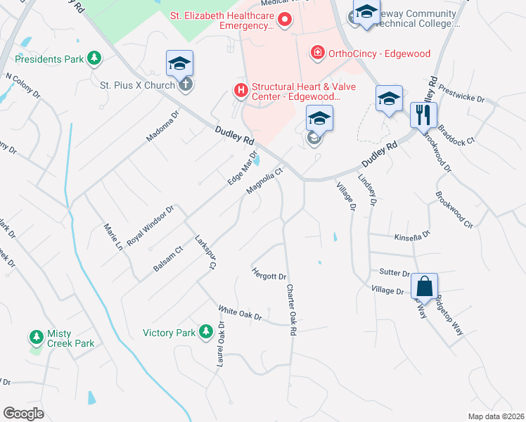 map of restaurants, bars, coffee shops, grocery stores, and more near 418 Dayflower Court in Edgewood