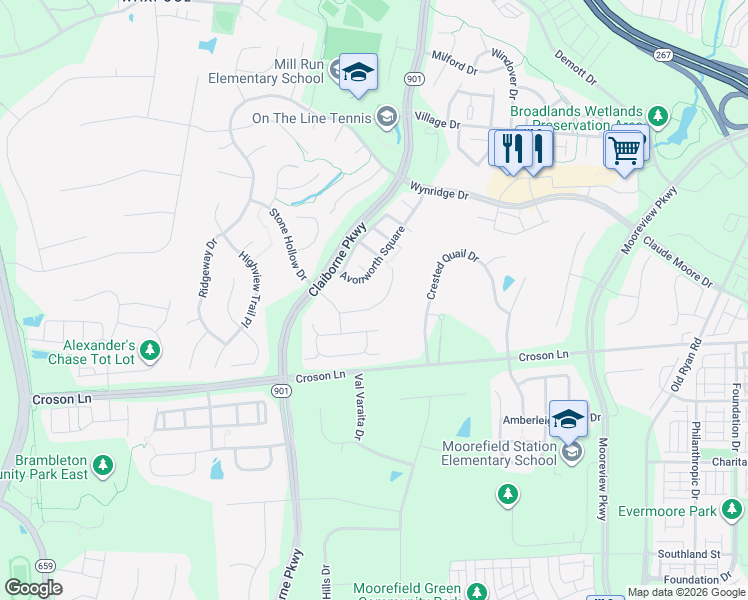 map of restaurants, bars, coffee shops, grocery stores, and more near 42994 Park Creek Drive in Broadlands