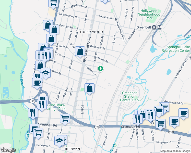 map of restaurants, bars, coffee shops, grocery stores, and more near 5021 Indian Lane in College Park