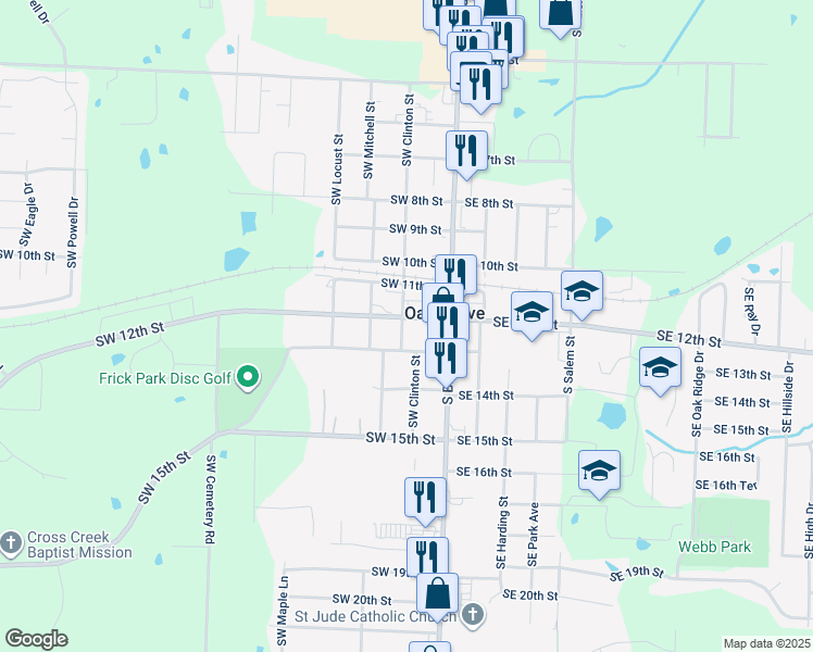 map of restaurants, bars, coffee shops, grocery stores, and more near 111 Southwest 12th Street in Oak Grove