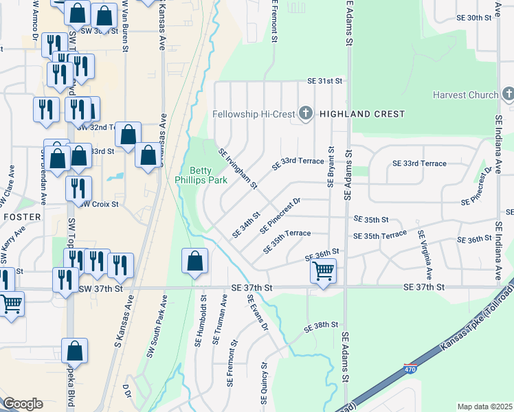 map of restaurants, bars, coffee shops, grocery stores, and more near 328 Southeast 34th Street in Topeka