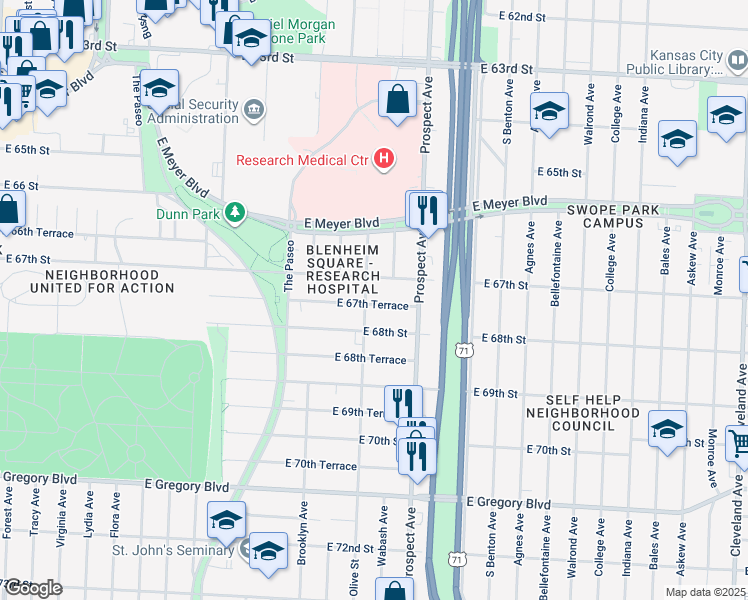 map of restaurants, bars, coffee shops, grocery stores, and more near 2404 East 67th Terrace in Kansas City