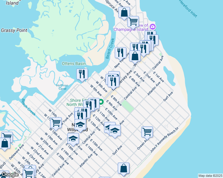 map of restaurants, bars, coffee shops, grocery stores, and more near 107 East 7th Avenue in North Wildwood