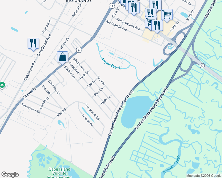map of restaurants, bars, coffee shops, grocery stores, and more near 973 Fay Avenue in Cape May