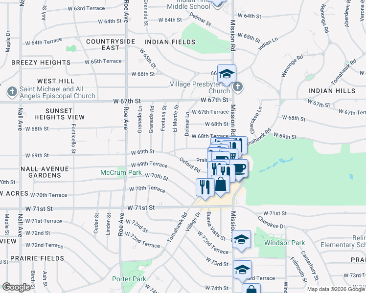 map of restaurants, bars, coffee shops, grocery stores, and more near 4300 West 69th Street in Prairie Village