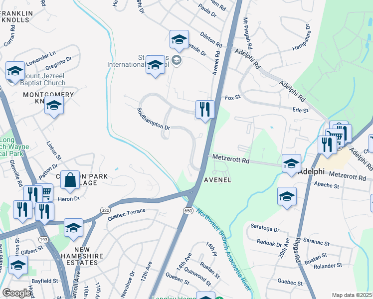 map of restaurants, bars, coffee shops, grocery stores, and more near 140 Ames Road in Silver Spring