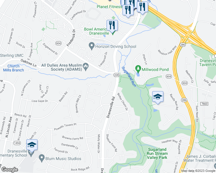 map of restaurants, bars, coffee shops, grocery stores, and more near 12502 Cliff Edge Drive in Herndon